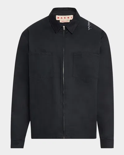 Marni Men's Boxy Mending Logo Overshirt In Black