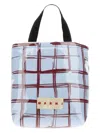 Marni Glossy Coated Canvas Tote Bag With Double Handles And Plaid Pattern In Blue