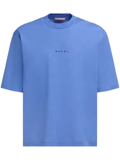 Marni Men Cotton T-shirt With Logo Print In Blue