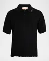 Marni Men's Dishevelled Logo-collar Knit Polo Shirt In Black