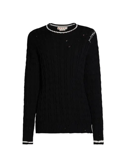 Marni Men's Distressed Cable-knit Cotton Sweater In Black