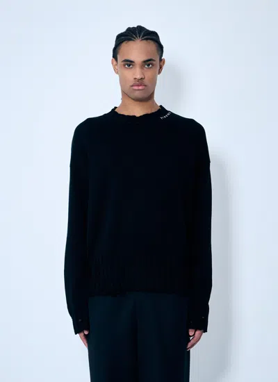 Marni Distressed Logo-embroidered Cotton Sweater In Black