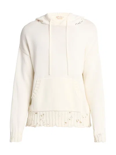 Marni Men's Distressed Hooded Sweater In White