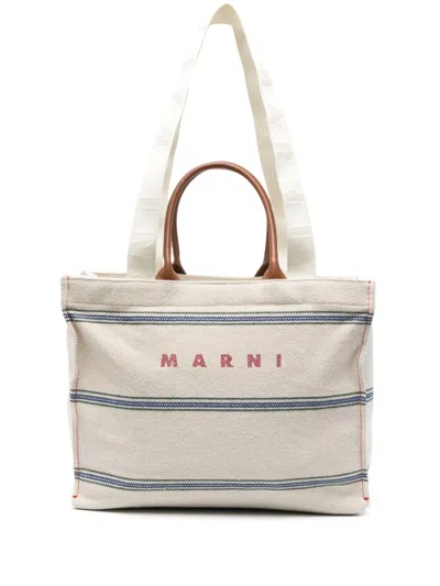 Marni Ecru Multicolour Canvas Tote Handbag For Men In White