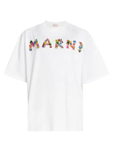 Marni Men's Floral Logo Crewneck T-shirt In Lily White