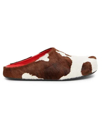 Marni Men's Fussbett Cow-print Calf Hair Sabots In Brown