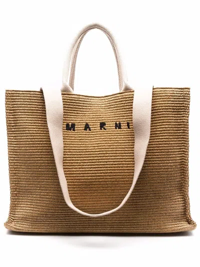 Marni Men's Large Tote Handbag In Camel With Embroidered Logo And Circular Top Handles In Burgundy