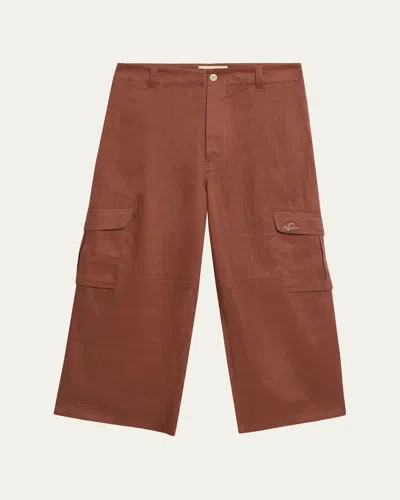 Marni Men's Linen Wide-leg Cargo Pants In Brown