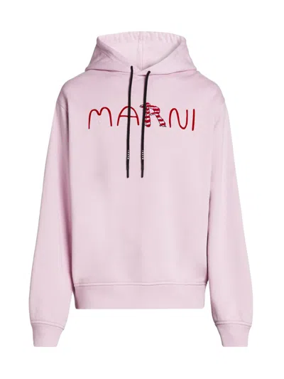 Marni Lightweight Logo Print Ribbed Cuffs And Hem Long Sleeve Hoodie In Pink