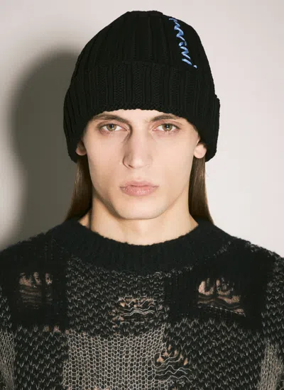 Marni Men Logo Intarsia Beanie Hat In Black