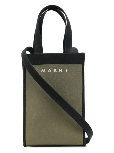 Marni Men's Logo Knit Crossbody Tote Bag In Green