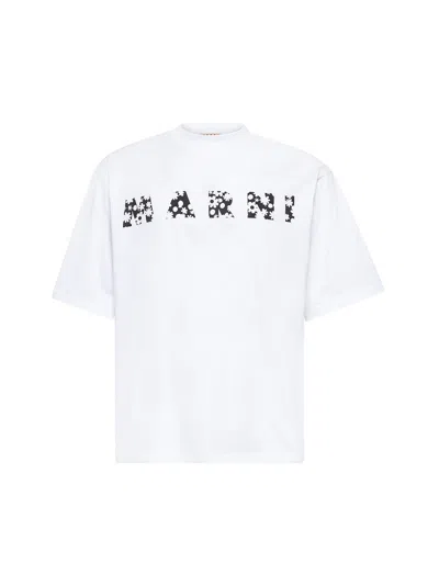 MARNI MARNI MEN MARNI WHITE T-SHIRT WITH FLOWER LOGO<BR/>