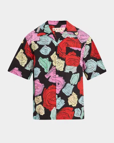 Marni Men's Medium Roses Camp Shirt In Black