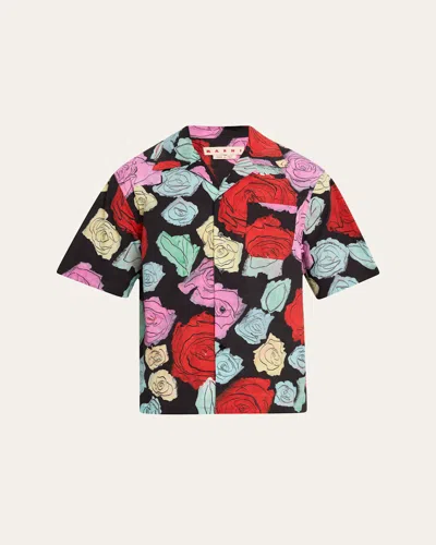 Marni Men's Medium Roses Camp Shirt In Black