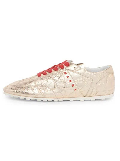 Marni Men's Metallic Crinkle Low-top Sneakers In Gold
