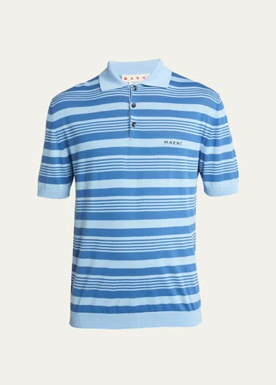 Marni Men's Mixed Stripe Polo Shirt In Azure