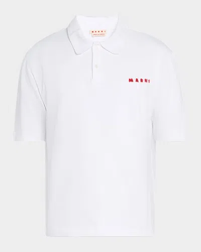 Marni Men's Mohair-logo Pique Polo Shirt In White