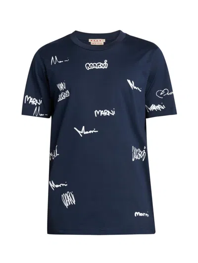 Marni Men's Multi Logo Graphic Crewneck T-shirt In Blue