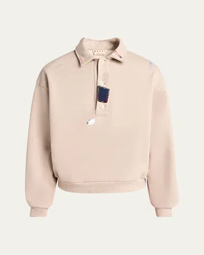 Marni Long Sleeved Cotton Polo Sweatshirt In Light Brown