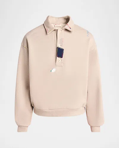 Marni Long Sleeved Cotton Polo Sweatshirt In Light Brown