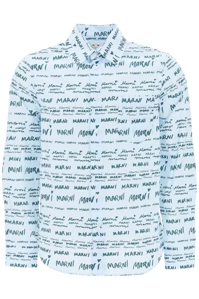 MARNI MEN'S PURE COTTON POPLIN SHIRT WITH LOGO LETTERING MOTIF IN BLUE FOR FW23