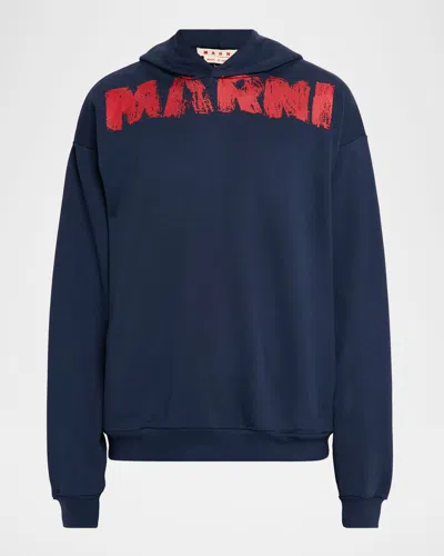 Marni Men's Spray Paint Logo Oversized Hoodie In Blue