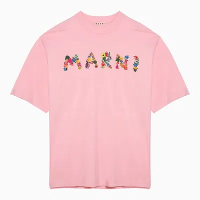 Marni White T-shirt With  Logo Bouquet In Purple
