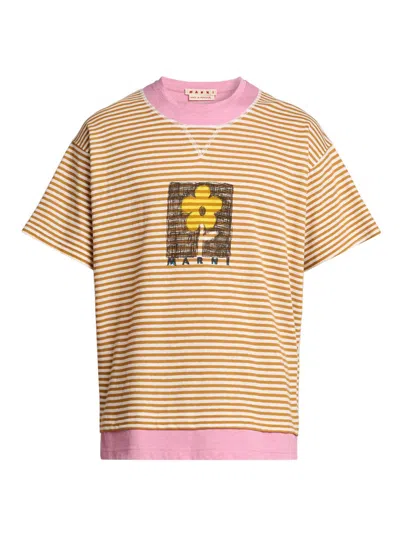 Marni Men's Striped Floral Sketch Linen-cotton T-shirt In Brown