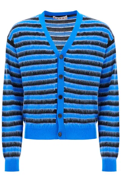 Marni Striped Wool And Mohair Cardigan In Blue