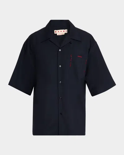 Marni Men's Suiting Wool Mending Stitch Camp Shirt In Blue