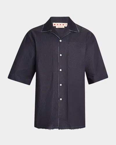 MARNI MEN'S TROMPE L'OEIL STRETCH DENIM CAMP SHIRT