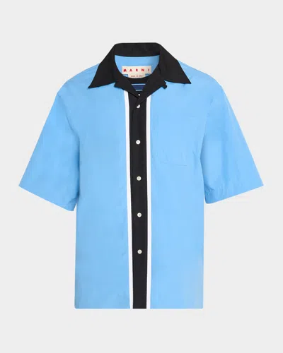 Marni Men's Vertical Stripe Cotton Bowling Shirt In Blue