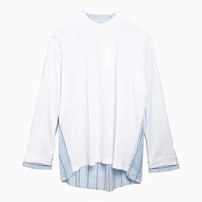 MARNI MEN'S WHITE COTTON T-SHIRT WITH SHIRT INSERT AND BLUE STRIPE DETAIL