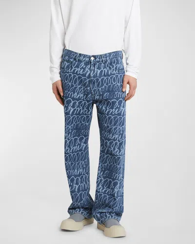 Marni Men's Wide-leg Scribble Jeans In Blue