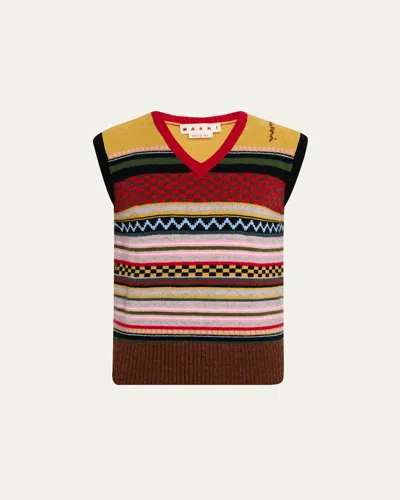 MARNI MEN'S WOOL AND COTTON JACQUARD V-NECK VEST