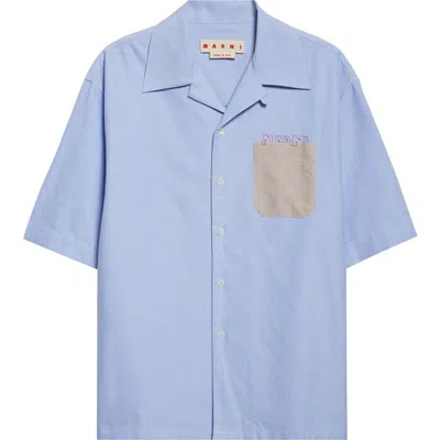 Marni Mending Logo Cotton Oxford Camp Shirt In Blue