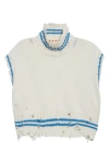 Marni Mending Logo Distressed Boxy Cotton Turtleneck Sweater In Neutral