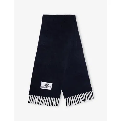 Marni Mens Blublack Brand-patch Fringed Wool-blend Scarf In Black