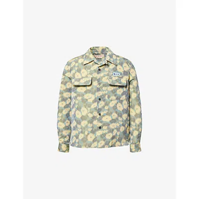 Marni Mens Cobalt Floral-print Long-sleeve Linen-blend Shirt In Neutral