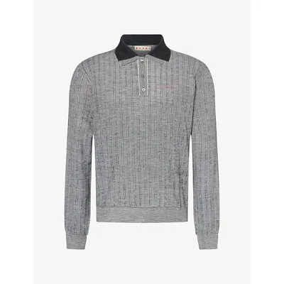 Marni Mens Logo-embroidery Long-sleeve Wool Polo Knit Black
