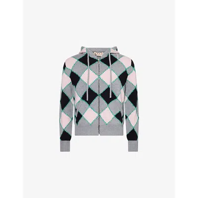Marni Mens Hooded Diamond-pattern Knitted Wool Cardigan Neutral Grey