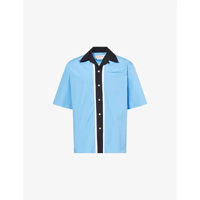 Marni Mens Sapphire Blue Graphic-print Boxy-fit Cotton Bowling Shirt