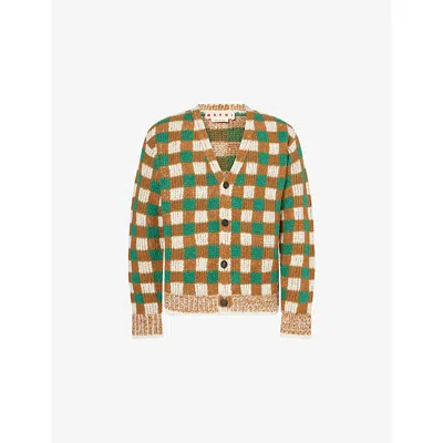 Marni Ens  Check-print V-neck Wool-blend Cardigan In Green
