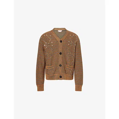 Marni Mens Studded Striped Wool-blend Cardigan Spherical Green In Brown
