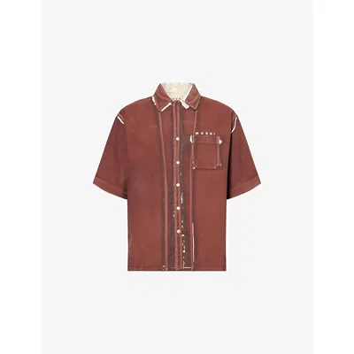 Marni Mens Tobacco Screen-print Short-sleeve Denim Shirt In Brown