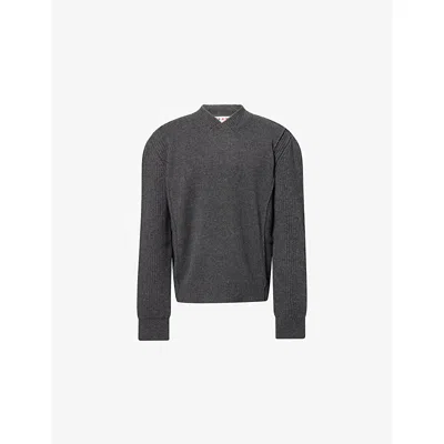 Marni Mens V-neck Rib-knit Wool-blend Jumper Graphite In Gray
