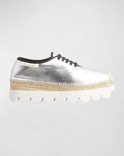 Marni Metallic Lace-up Espadrille Sneakers In Silver