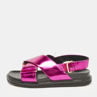 Pre-owned Marni Metallic Pink Leather Fussbett Crisscross Slingback Flat Sandals Size 38