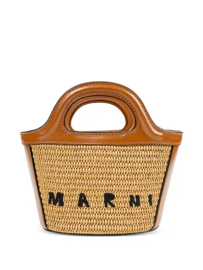 Marni Micro Tropicalia Leather-trim Tote Bag In Brown