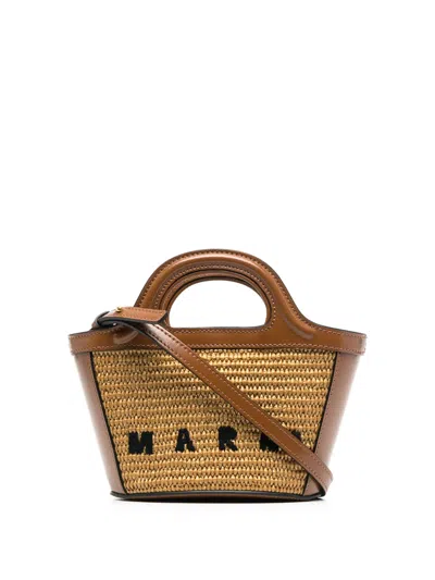 Marni Micro Tropicalia Summer Bag In Brown Leather And Natural Raffia